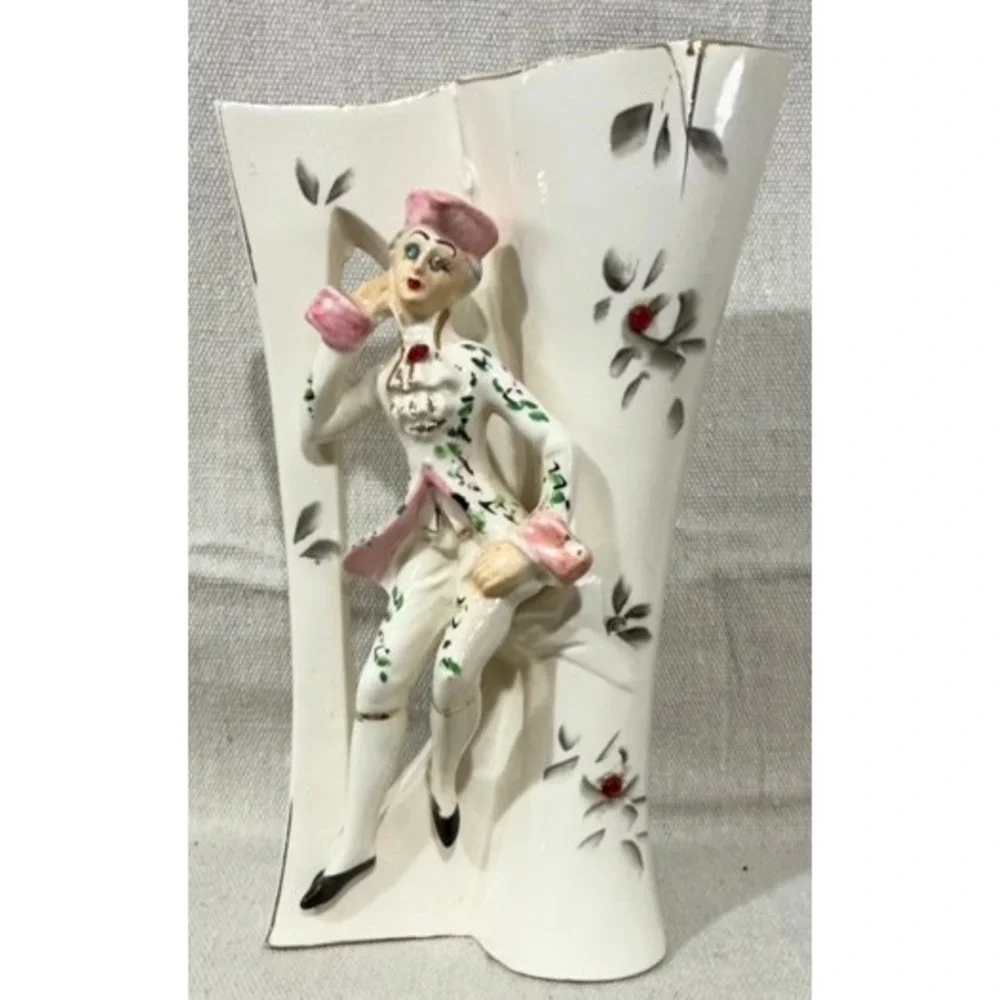 Vintage 1940s Victorian Dandy Ceramic Vase Hand Painted Figural Bud Vase 8 Inch